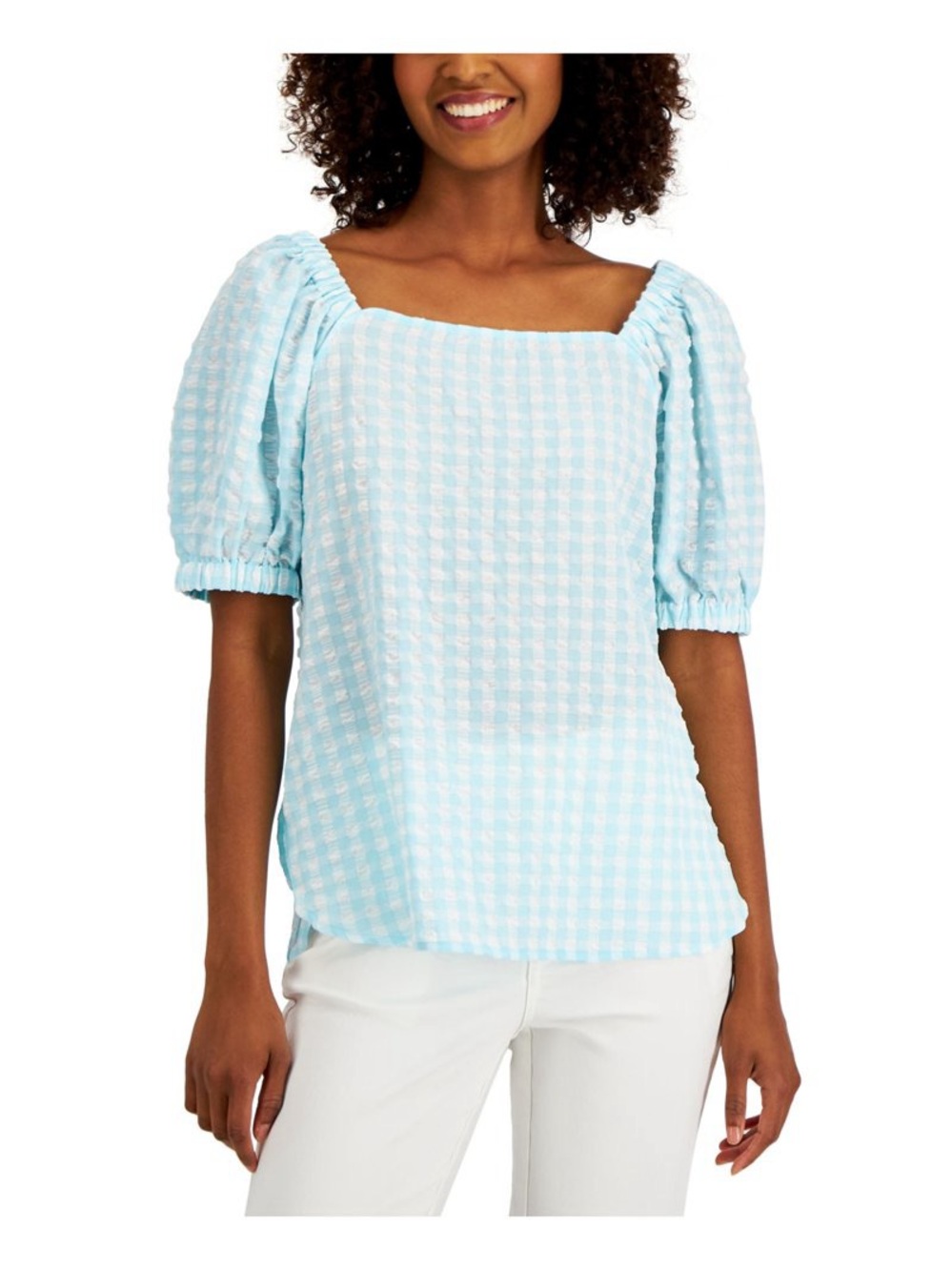 Anne Klein Baby blue  and White Gingham Square-Neck Puff Sleeve Top